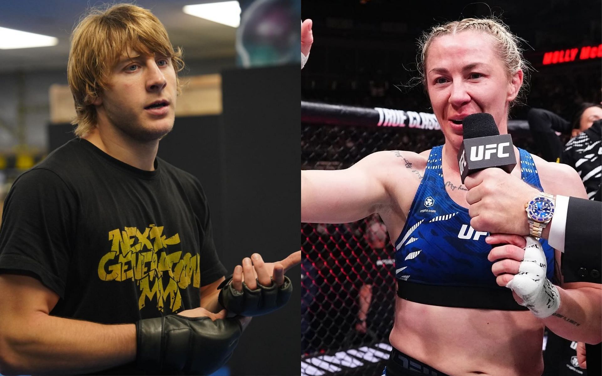 Paddy Pimblett (left) was overwhelmed with emotions as Molly McCann (right) announced her retirement from the MMA. [Images courtesy: @theufcbaddy and @ufc on Instagram]