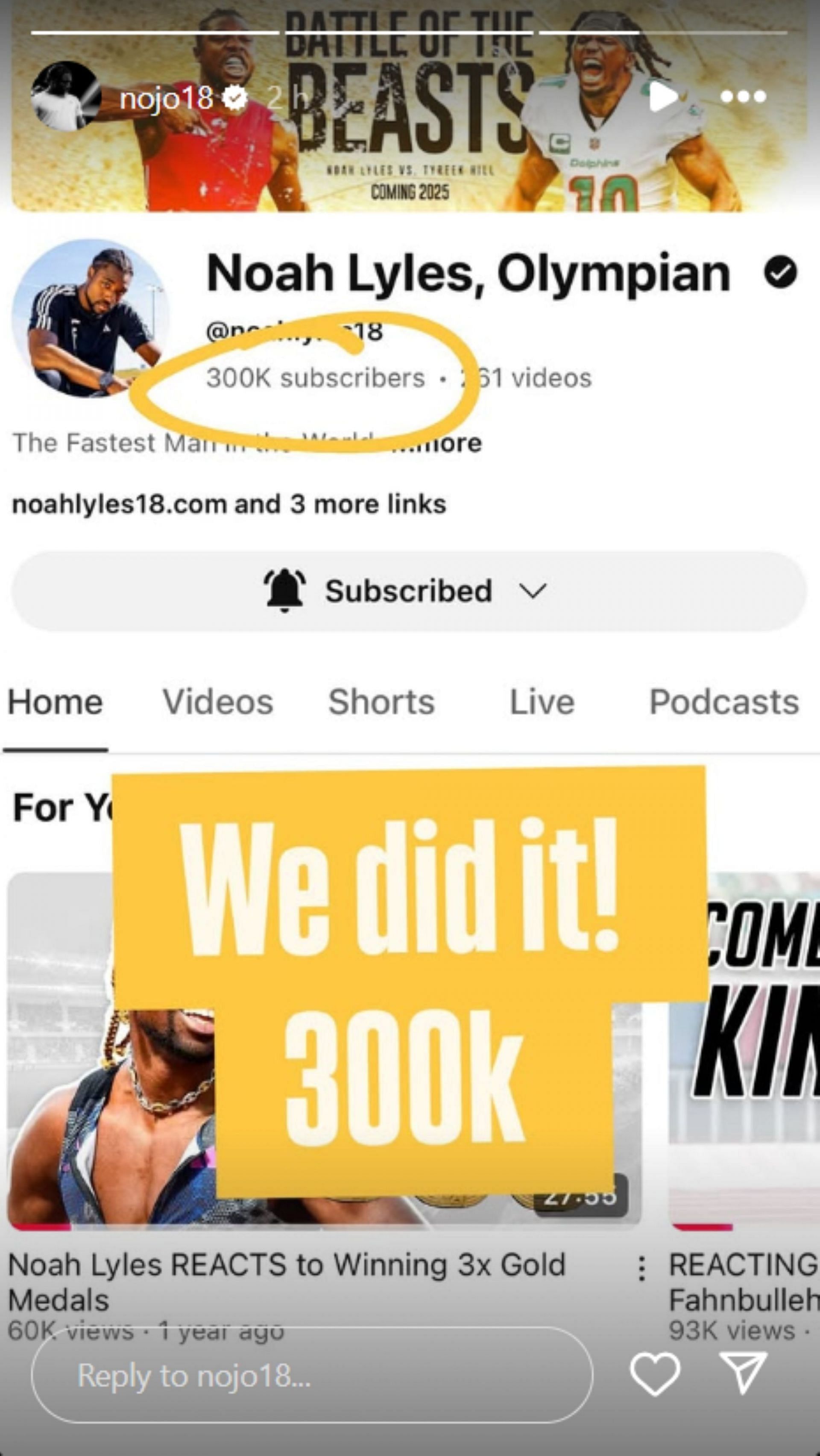 Noah Lyles celebrates 300k YouTube subscribers; Instagram - @noahlyles