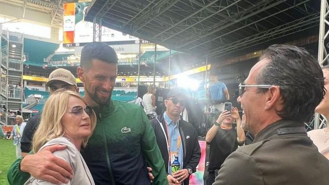 Nadia Comaneci drops a 2 word reaction as she meets Novak Djokovic at the Miami Open