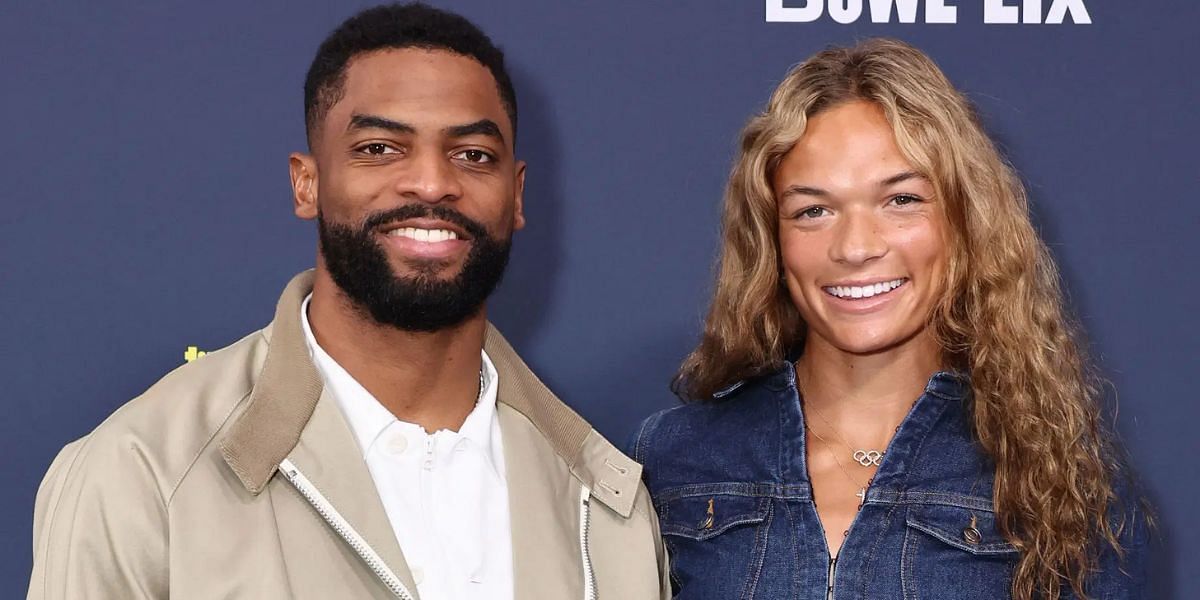 Darius Slayton and Anna Hall at the Tubi Red Carpet during the Super Bowl in New Orleans, Louisiana. (Photo by Getty Images)