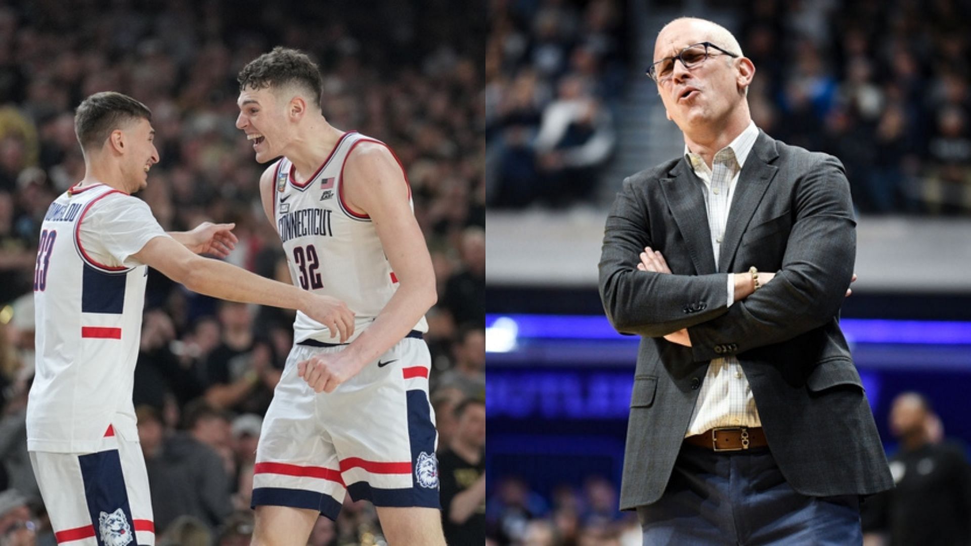 Donovan Clingan celebrates with Apostolos Roumoglou; UConn coach Dan Hurley. Source: Imagn