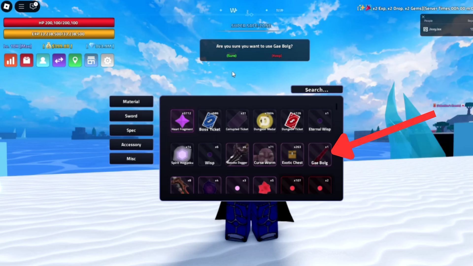 Click on the Gae Bolg to obtain the Lancer sword (Image via Roblox || YouTube/@JixxyJax)