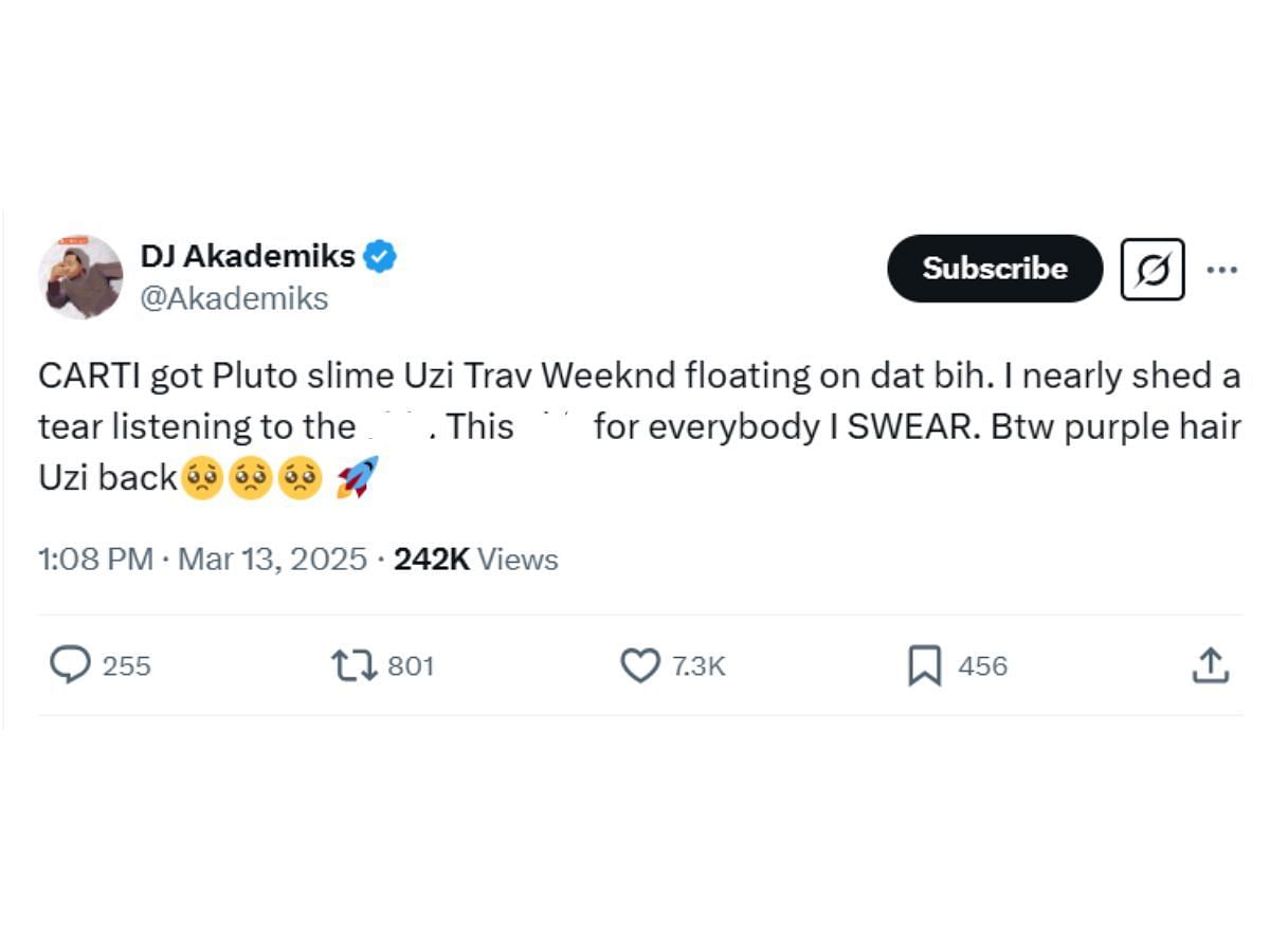 DJ Akademiks comment on listening to Carti&#039;s I Am Music album (Image via X/ @Akademiks)