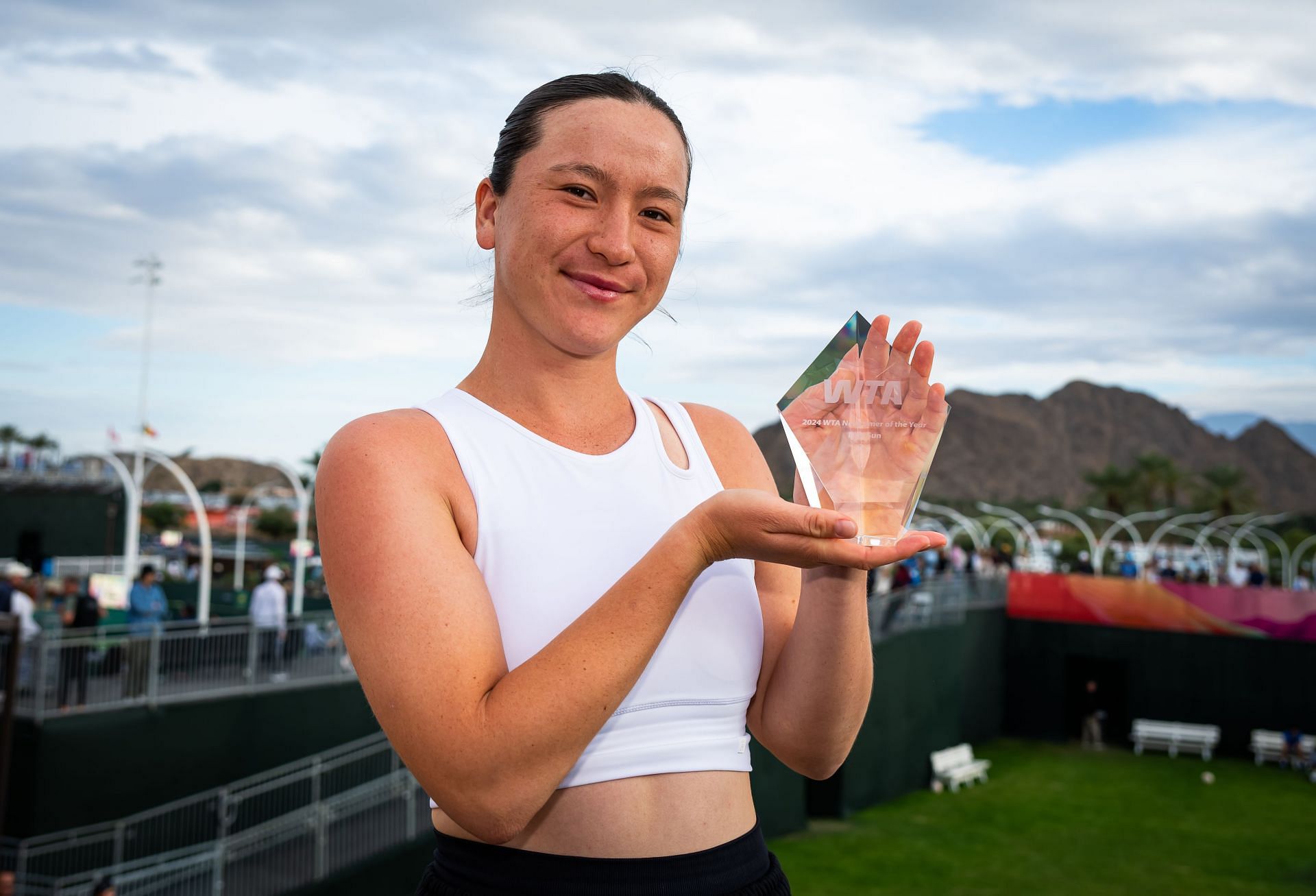 Sun with the Newcomer of the Year trophy in the BNP Paribas Open - Day 1 - Source: Getty