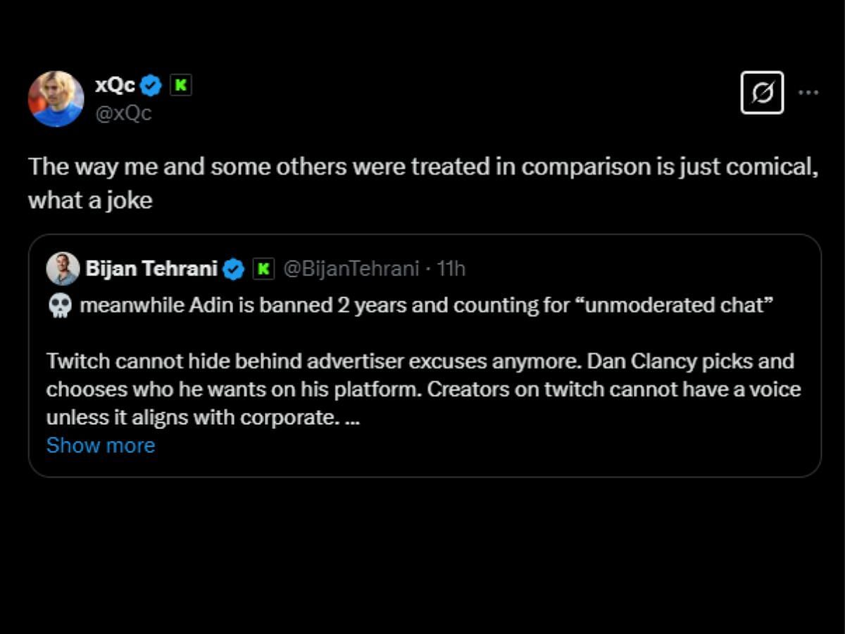 xQc calls out Twitch&#039;s decision to unban Hasan (Image via X/@xQc)