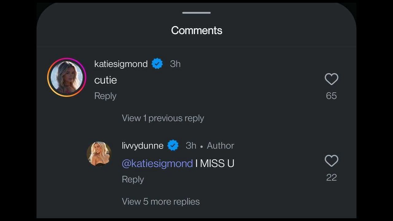 Screenshot of Katie Sigmond&#039;s comment on Olivia Dunne&#039;s Instagram post (Image from - Instagram.com/@livvydunne)