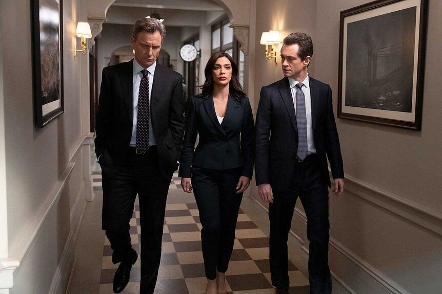 D.A. Nicholas Baxter (Tony Goldwyn), A.D.A Samantha Maroun (Odelya Halevi), and A.D.A Nolan Price (Hugh Dancy) in Law &amp; Order Season 24 (Image via NBC)