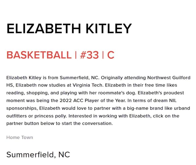 Elizabeth Kitley's NIL bio on Triumph NIL - Source: triumphnilstore.com