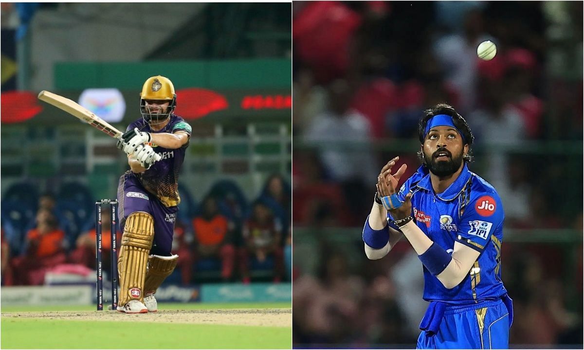 MI vs KKR आईपीएल 2025 में हार्दिक पांड्या और रिंकू सिंह (Image Credits: X/@IPL/ Getty)