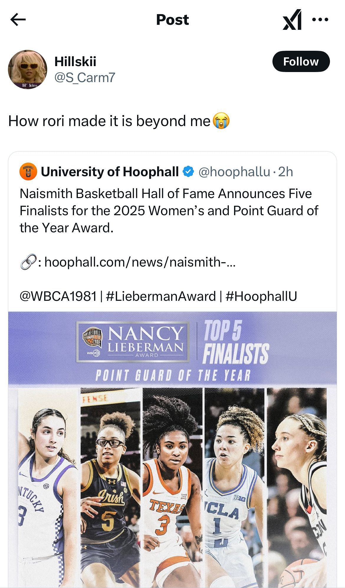 A reply questions how Rori Harmon made the finalists list