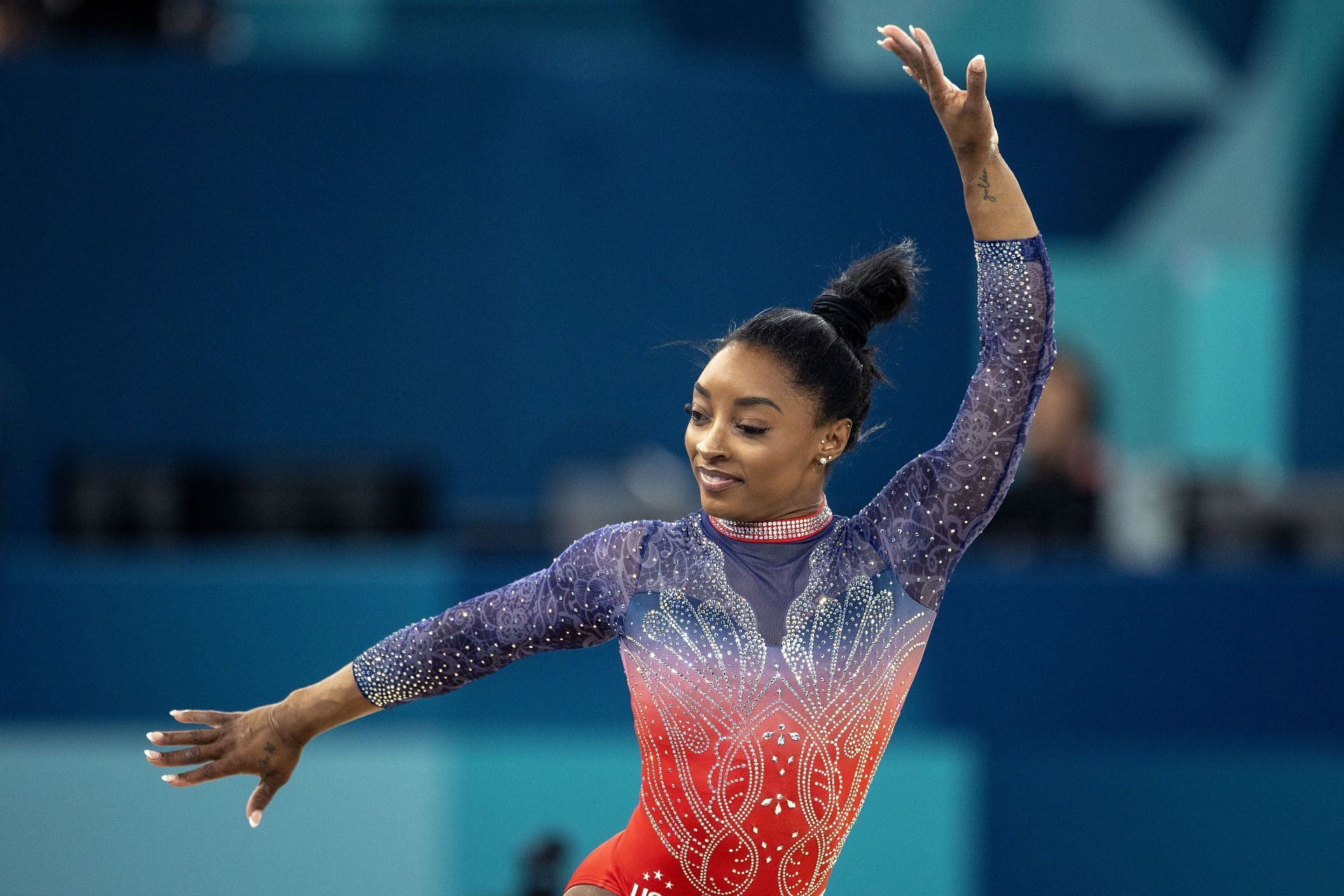 Simone Biles of the United States during the Summer Olympic Games in Paris, France. (Photo via Getty Images)