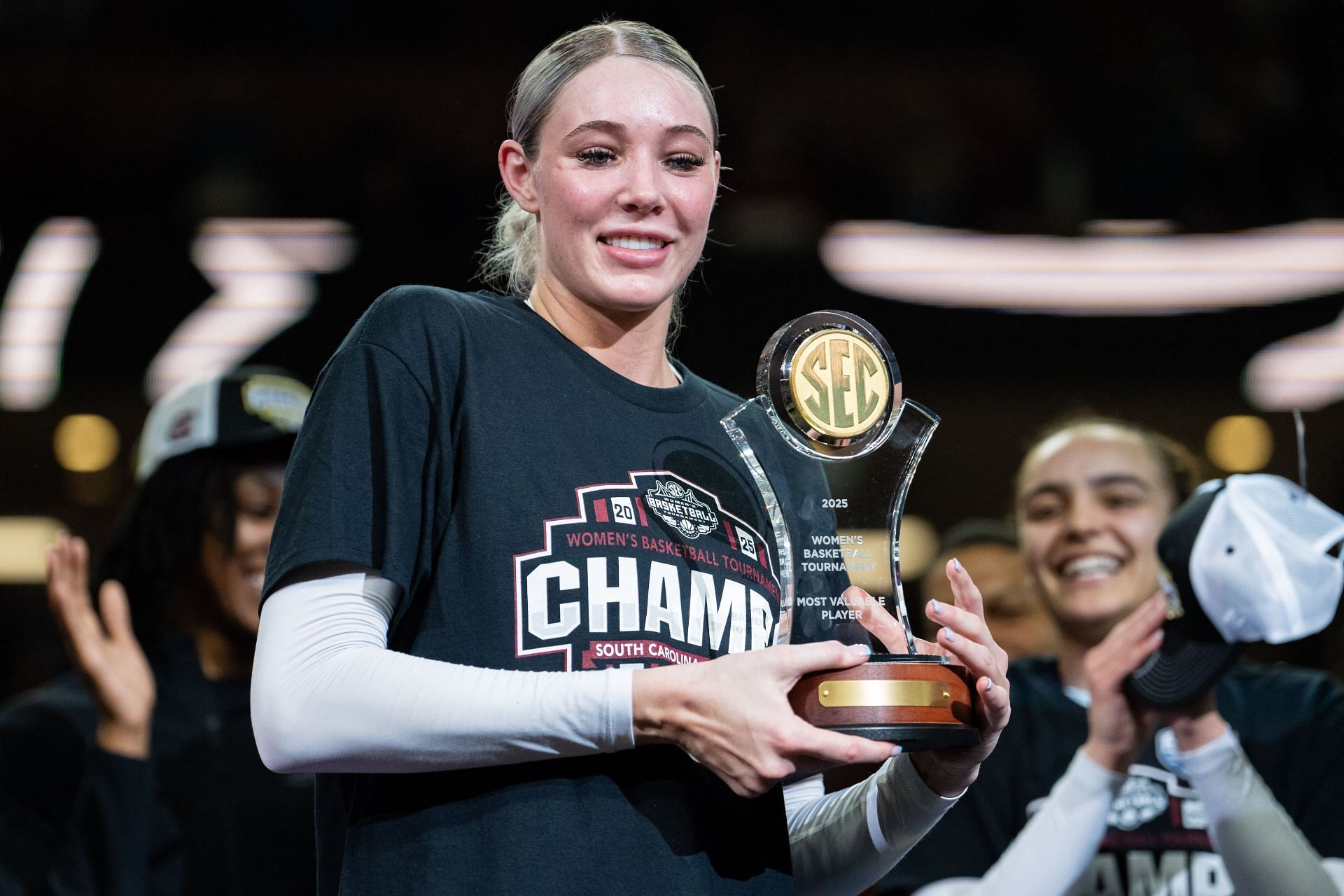 Chloe Kitts is honored as the MVP after the South Carolina Gamecocks defeated the Texas Longhorns in the championship game of the SEC women&rsquo;s basketball tournament at Bon Secours Wellness Arena on March 09, 2025. Photo: Getty