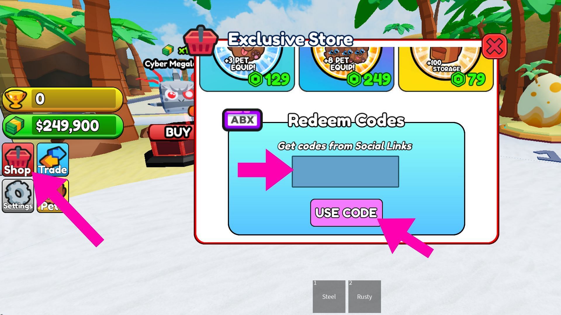 Open Shop and scroll till you find the code redemption box (Image via Roblox)