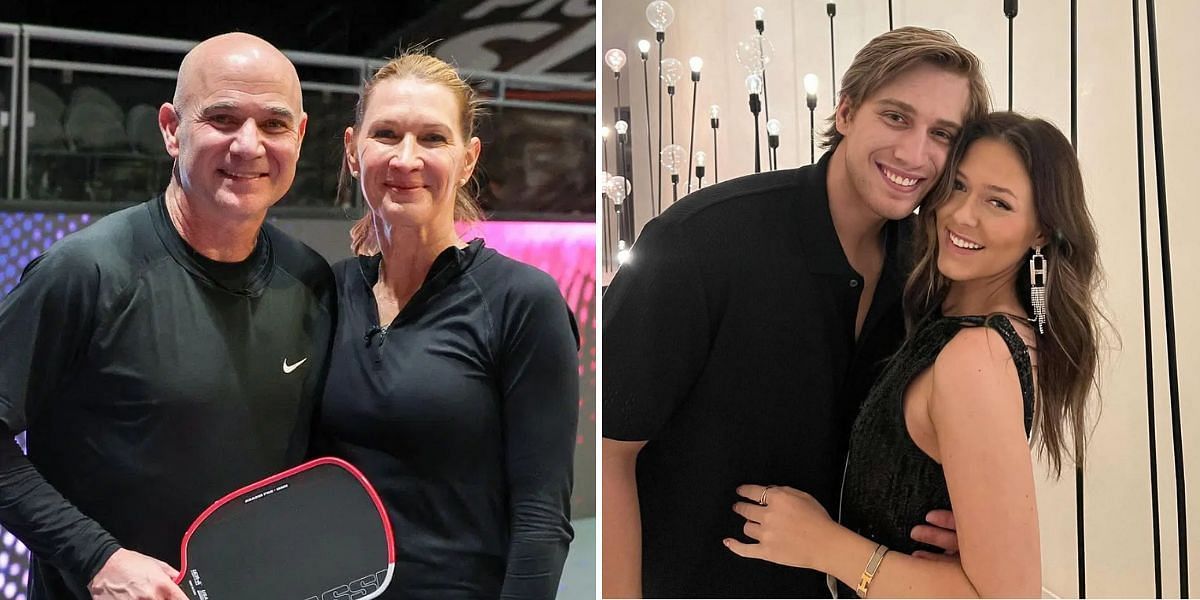 Steffi Graf with Andre Agassi (L) and Jaden Agassi with his girlfriend (R) - Source: Getty and Instagram