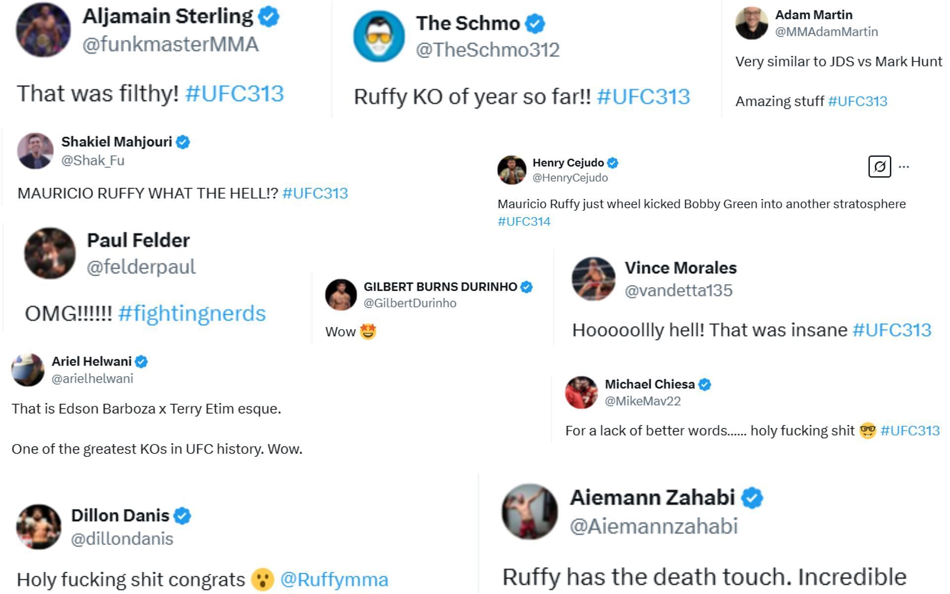 Screenshots of MMA figures&#039; reaction to Mauricio Ruffy&#039;s win at UFC 313