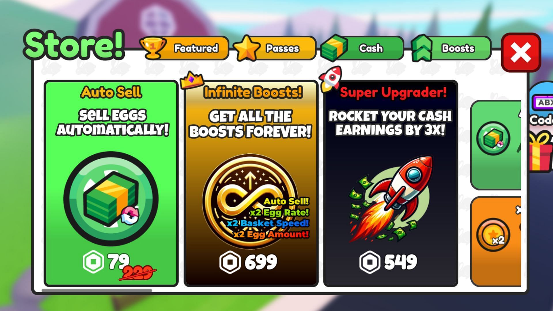 Buy passes, cash &amp; boosts in Egg Farm Tycoon 2 (Image via Roblox)