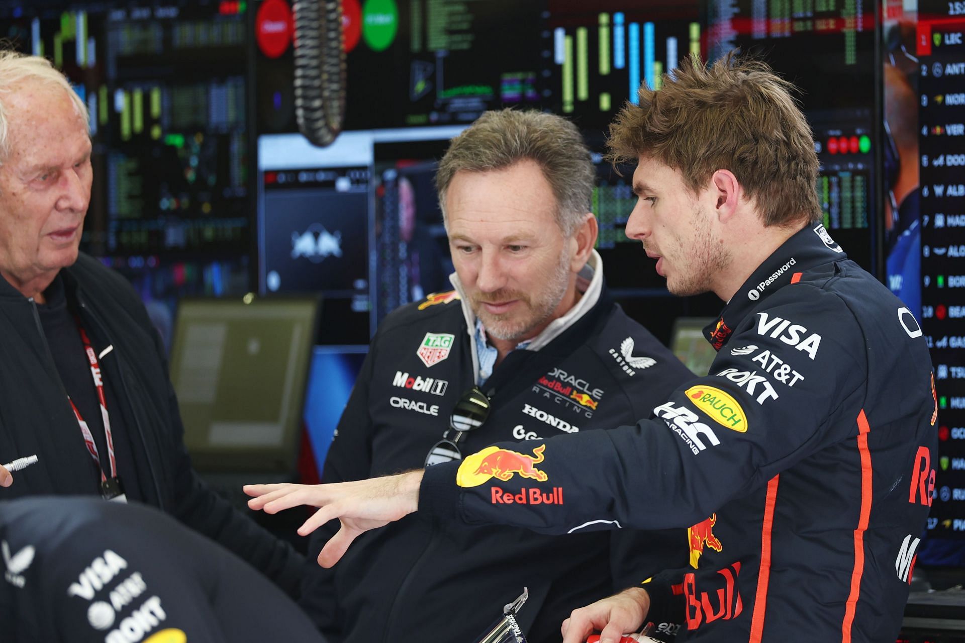 (L-R) Helmut Marko, Chrstian Horner, Max Verstappen during F1 Testing in Bahrain - Source: Getty