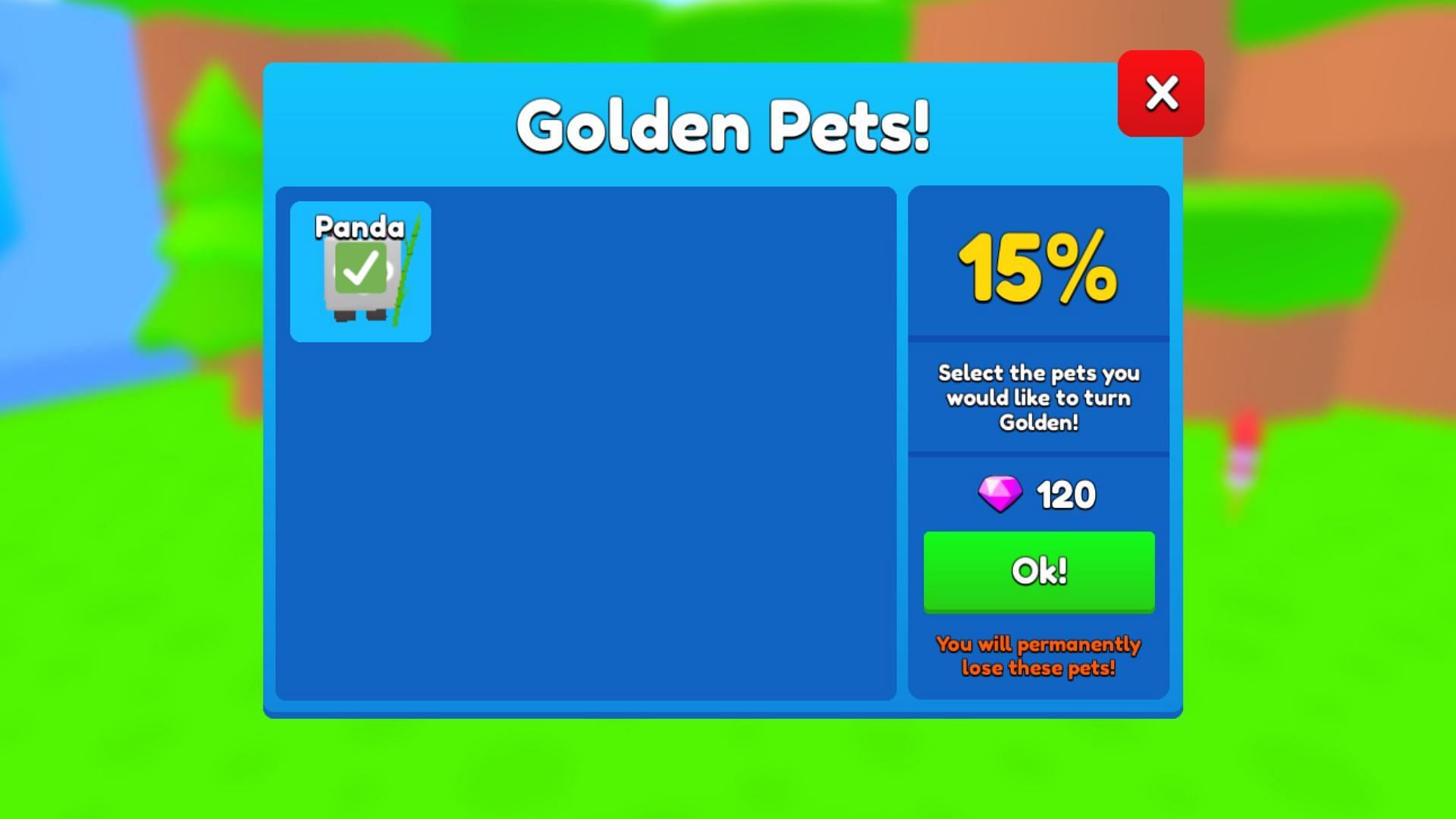 Create golden Pets by using Gems (Image via Roblox)