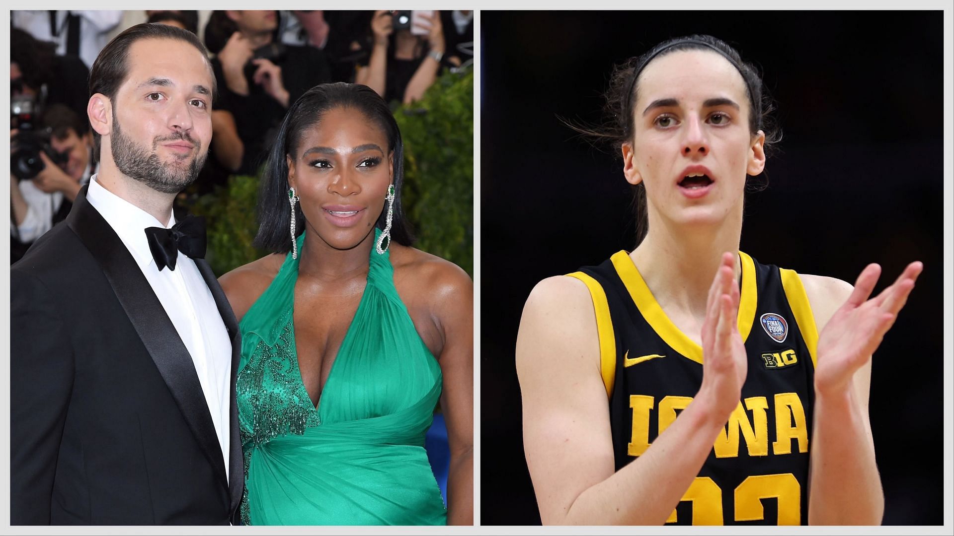 Alexis Ohanian and Serena Williams (left), Caitlin Clark (right), Sources: Getty