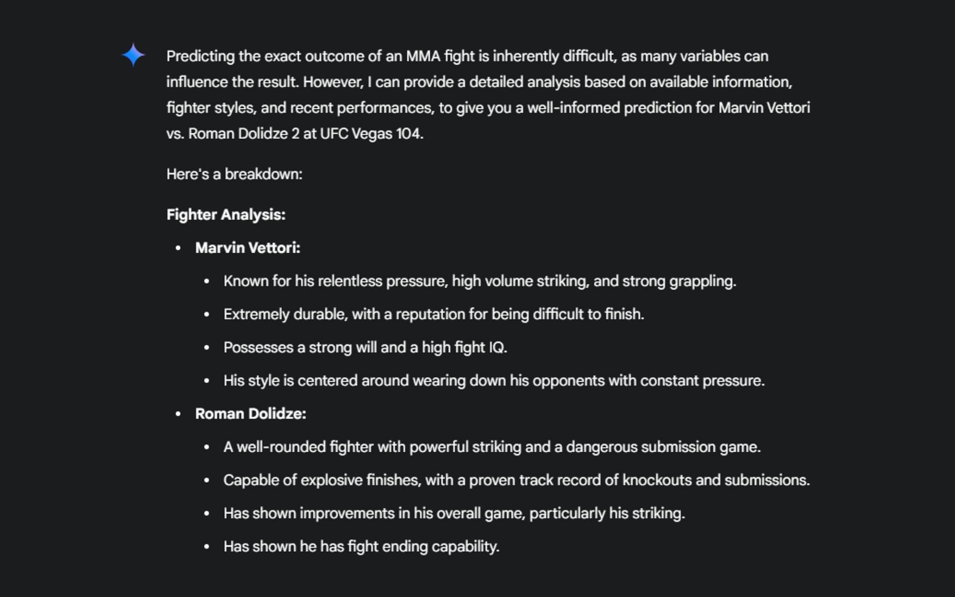 Screenshot of Google&#039;s AI prediction for the UFC Vegas 104 headliner -- Marvin Vettori vs. Roman Dolidze 2