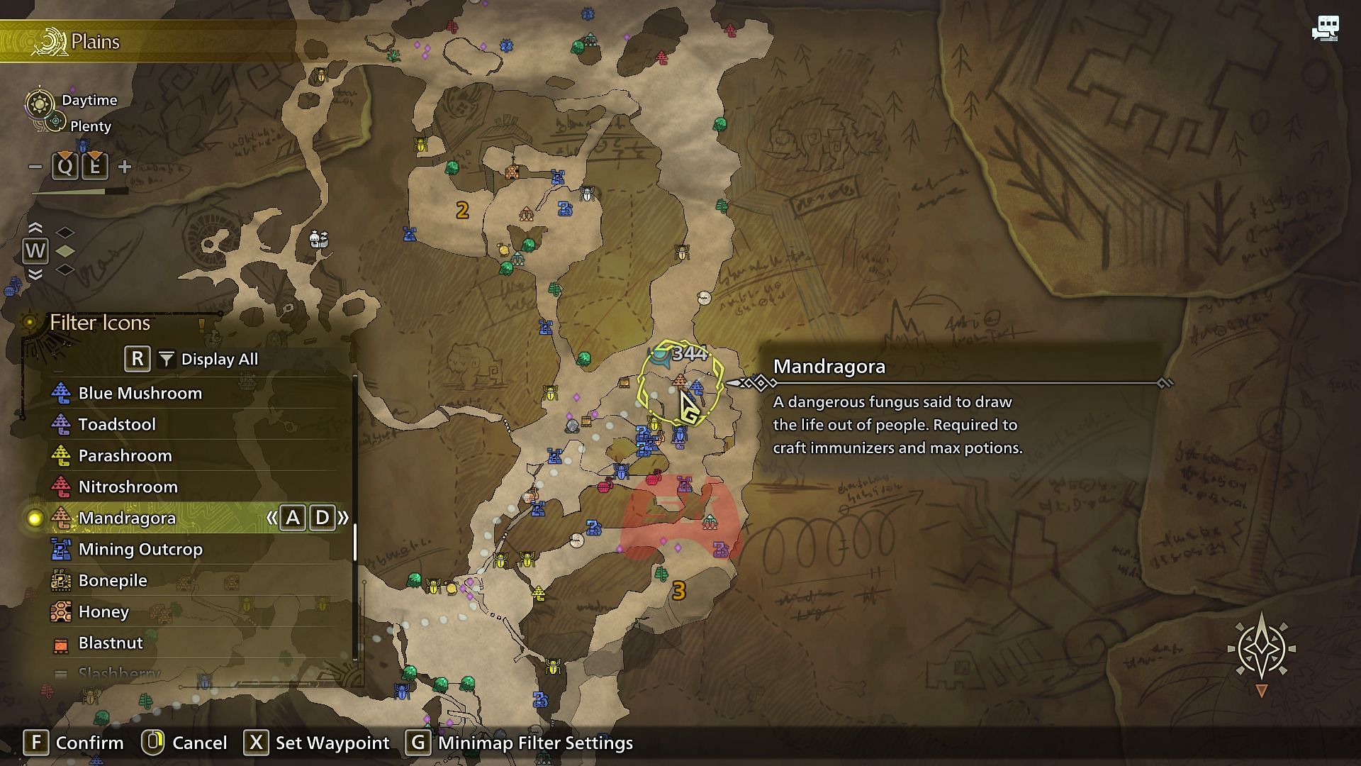 Use the map filters to find Mandragora (Image via Sportskeeda Gaming // Capcom)