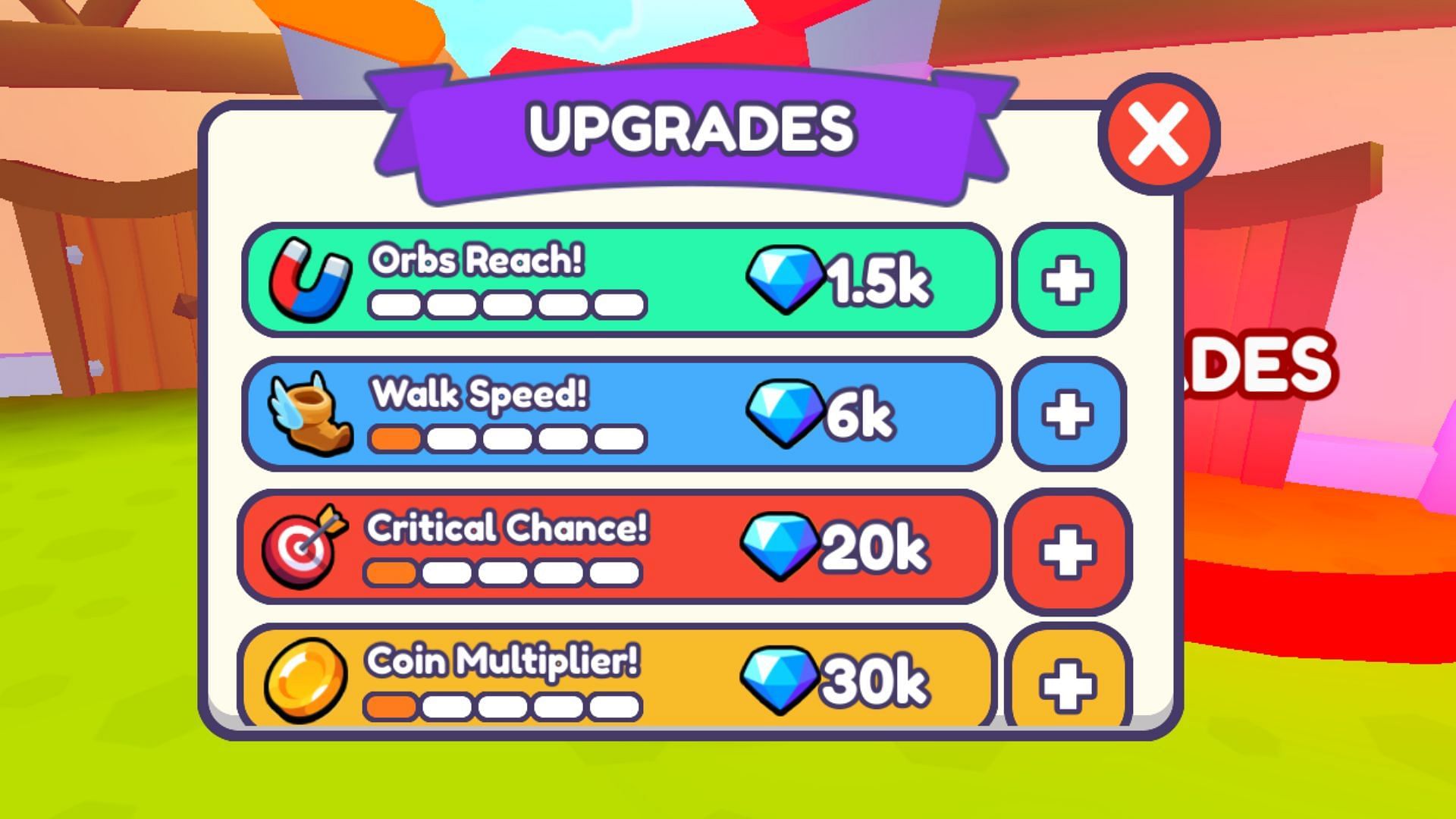 Utilize Gems to get different upgrades (Image via Roblox)