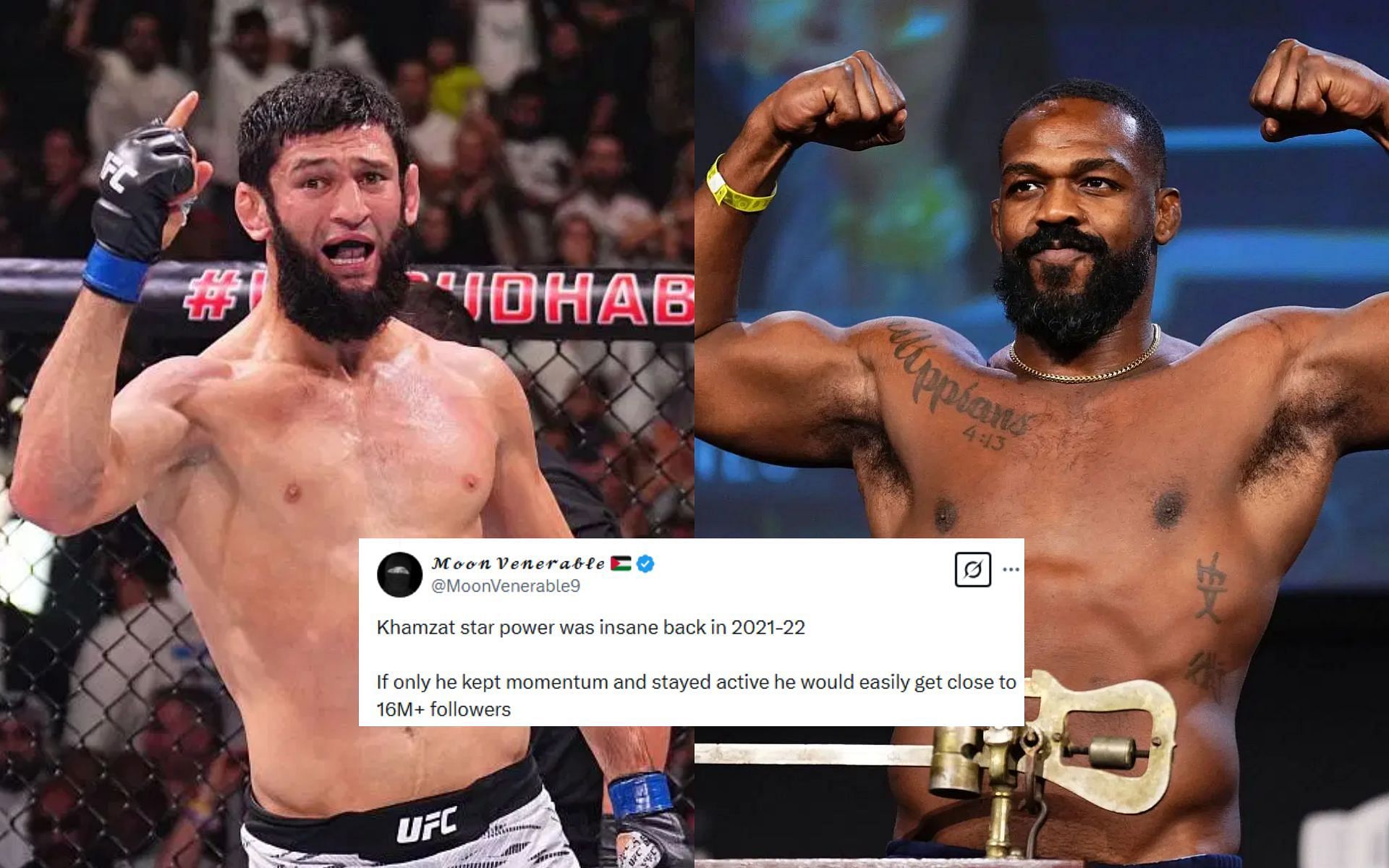 Fans share thoughts on Khamzat Chimaev surpassing Jon Jones in Instagram followers [Image courtesy: @MoonVenerable9 on X, and Getty Images]