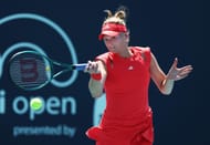 Ashlyn Krueger returns a shot against Elena Rybakina of Kazakhstan during Day 3 of the Miami Open - Source: Getty