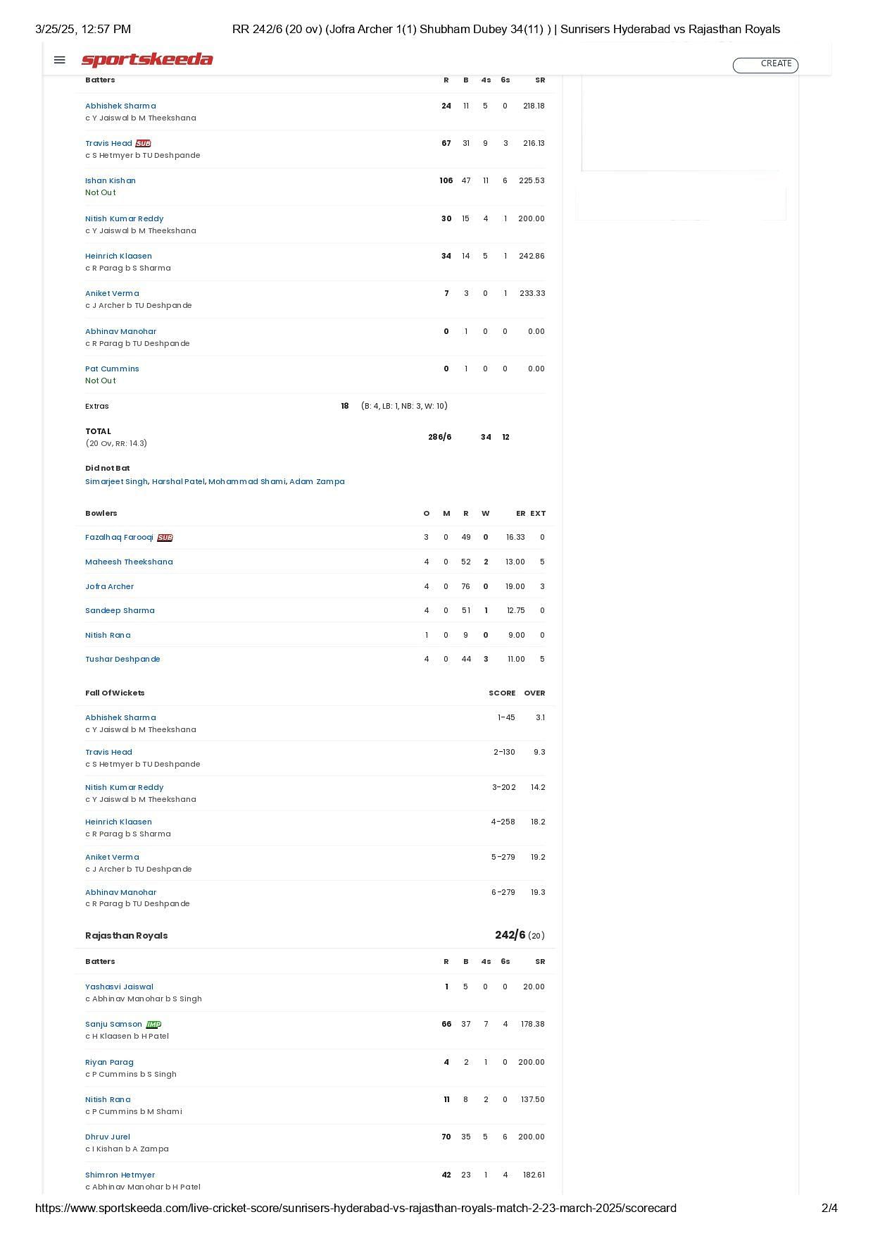 RR vs SRH IPL 2025 scorecard.