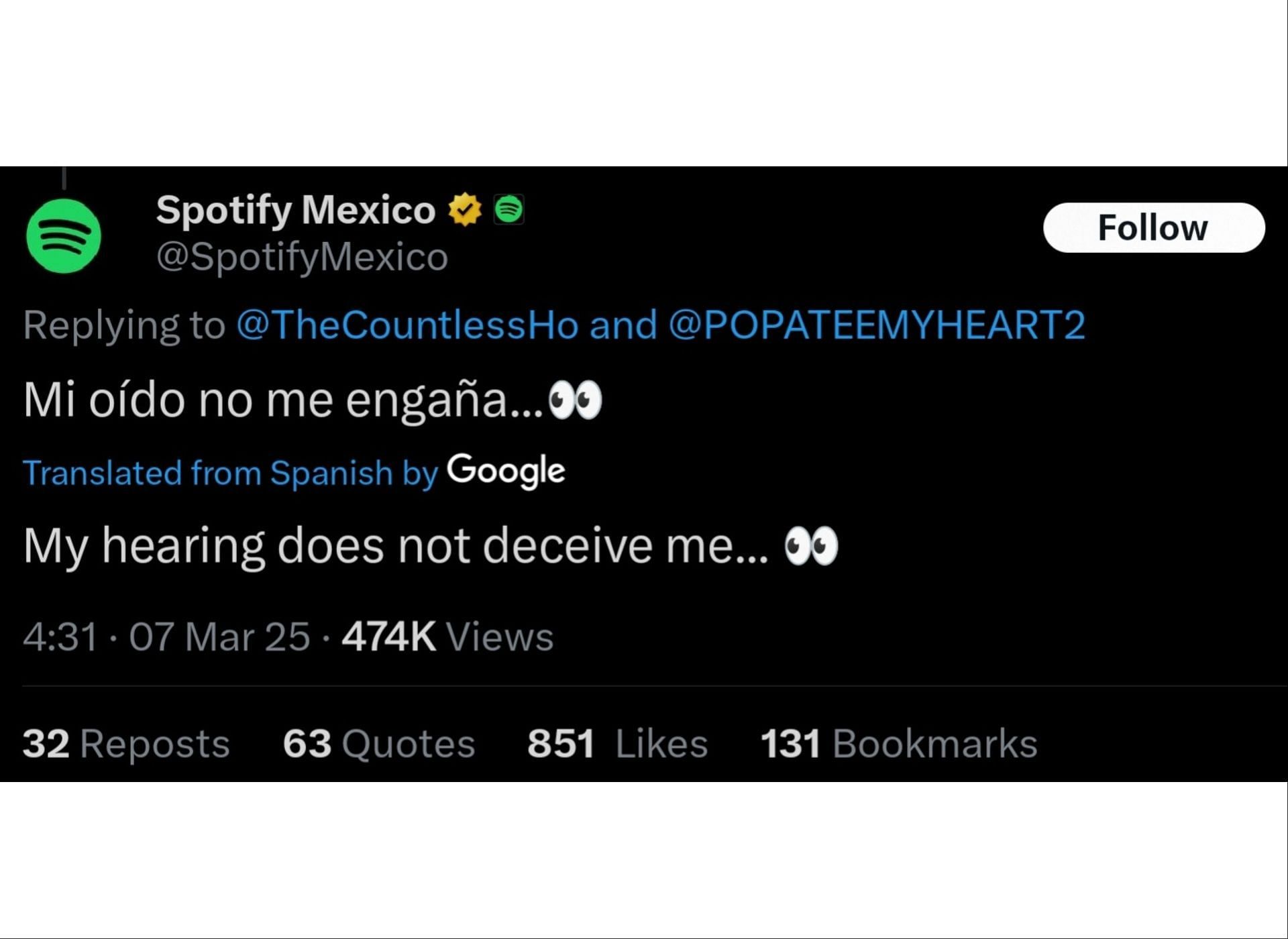 Spotify Mexico&#039;s response to the speculations surrounding Lady Gaga&#039;s song (Photo via @SpotifyMexico/X)