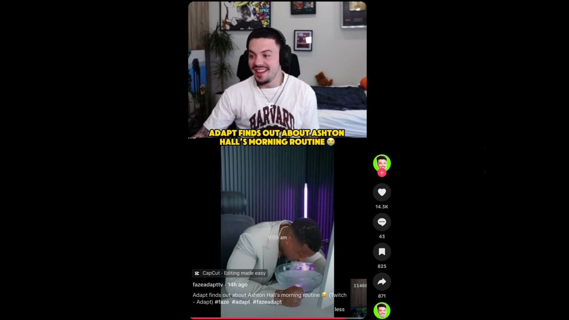 Adapt reacted on Hall's morning routine video (Image via TikTok/@fazeadapttv)
