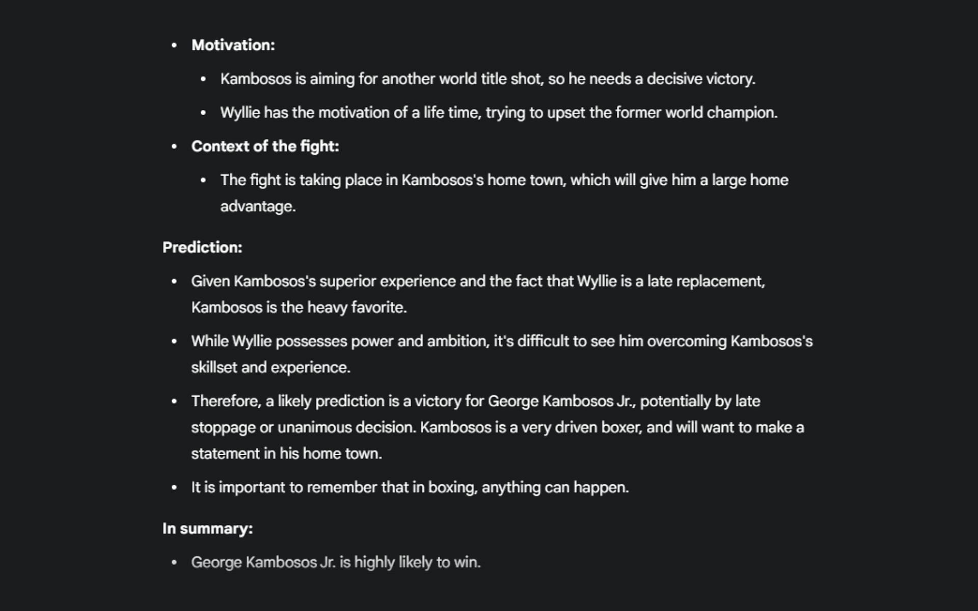 Screenshot of Google&#039;s AI prediction for the George Kambosos Jr. vs. Jake Wyllie boxing match
