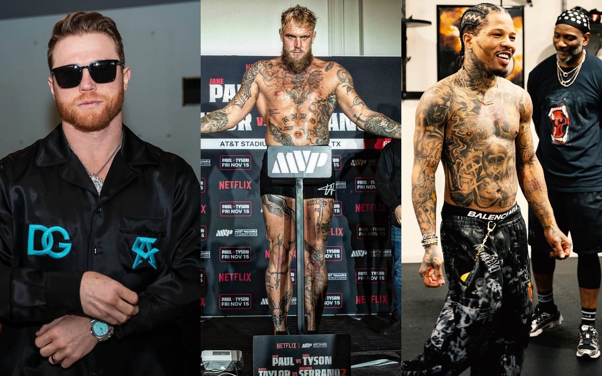 A reporter talks about the rumors of Jake Paul (center) going up against Canelo Alvarez (left) and Gervonta Davis (right). [Images courtesy: @canelo, @jakepaul and @gervontaa on Instagram]