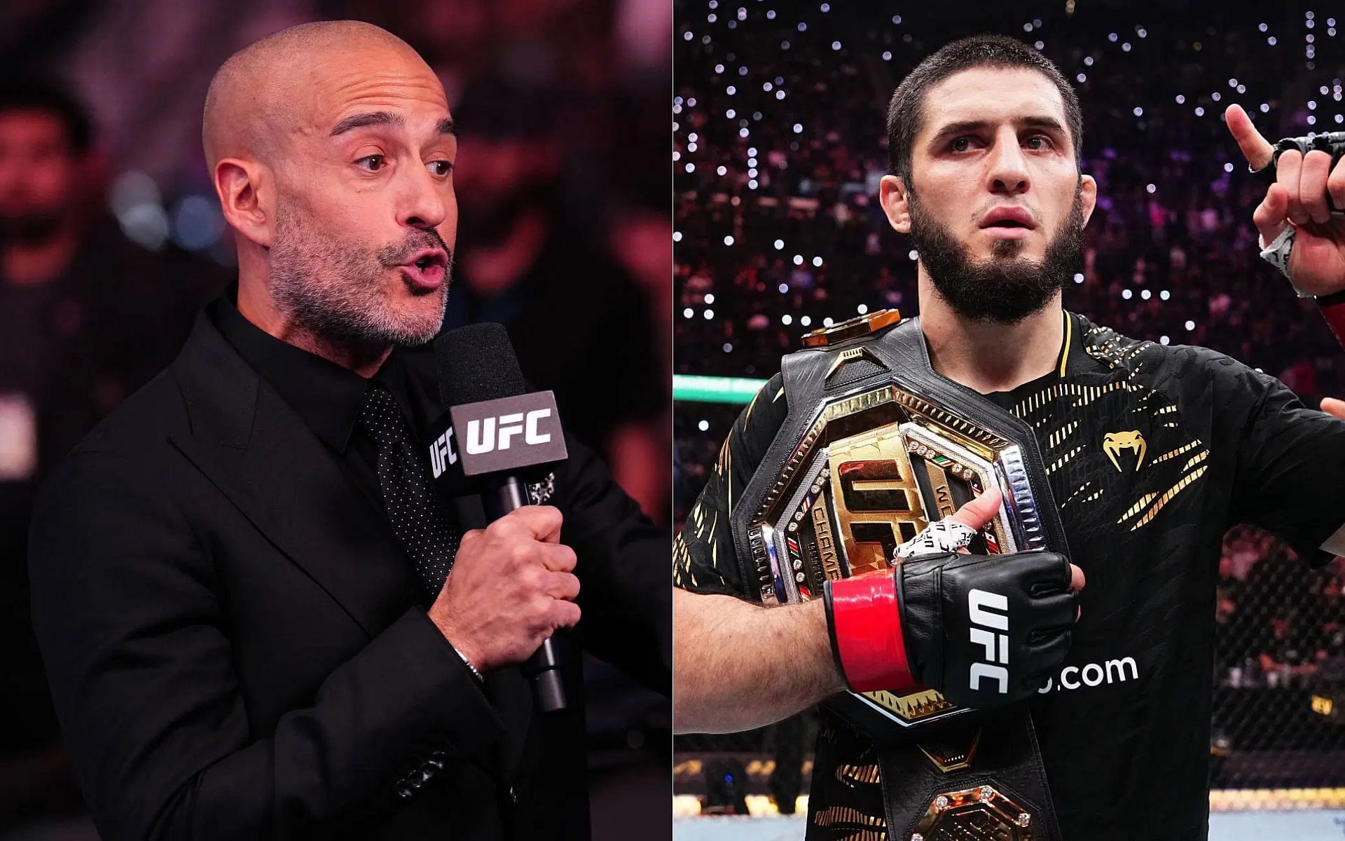 Jon Anik (left) speaks about possible opponents for Islam Makhachev (right) [Image courtesy: Getty]