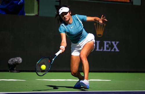 Emma Raducanu during practice ahead of the BNP Paribas Open at Indian Wells Tennis Garden - Source: Getty