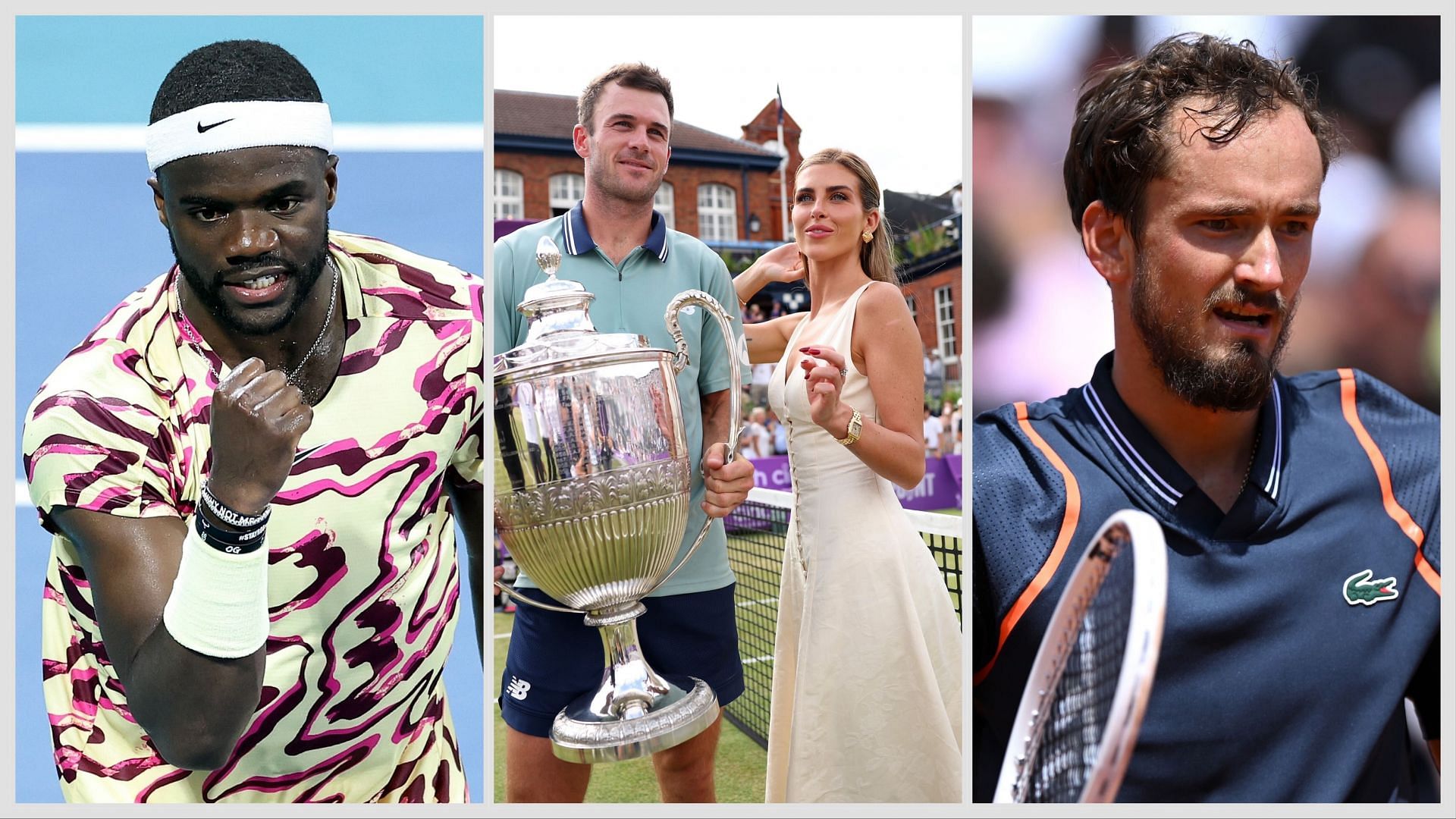 Frances Tiafoe (Left), Tommy Paul with girlfriend Paige Lorenze (Centre), Daniil Medvedev (Right)