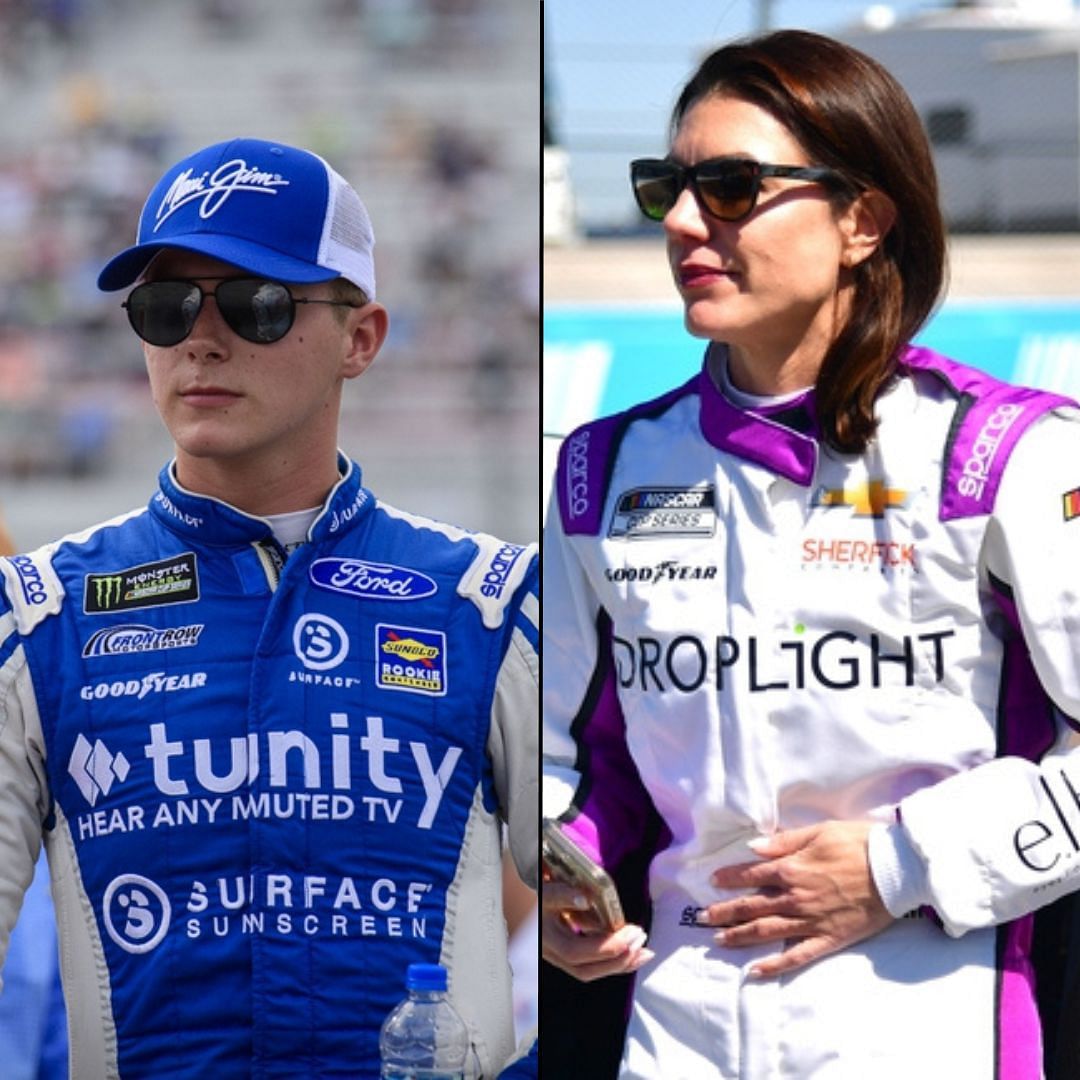 NASCAR drivers Matt Tifft (left) wearing a blue Ford racing suit and cap and Katherine Legge (right) in a white and purple Chevrolet racing suit with sunglasses.