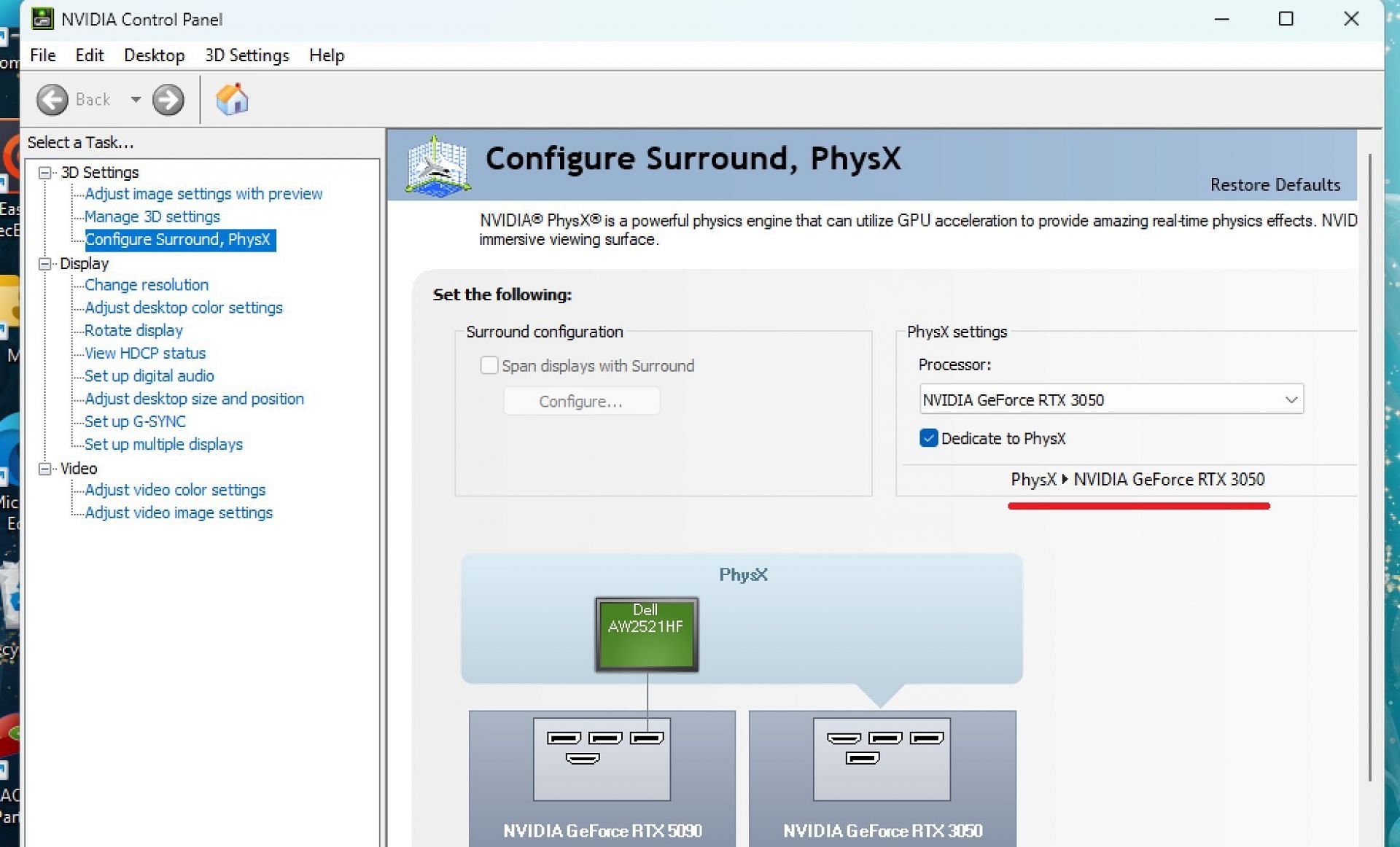 RTX 3050 is used as a PhysX processor in the Nvidia Control Panel (Image via Jerubedo on Reddit)