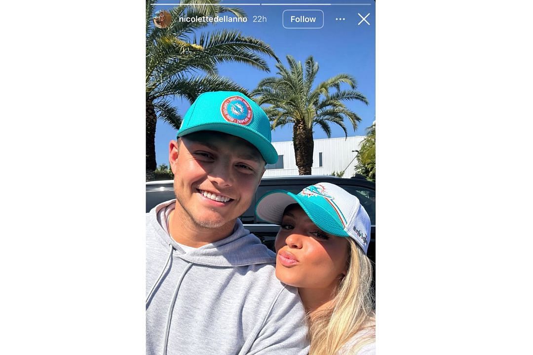 Zach Wilson and fiancee Nicolette Dellanno glow in Dolphins gear after ...