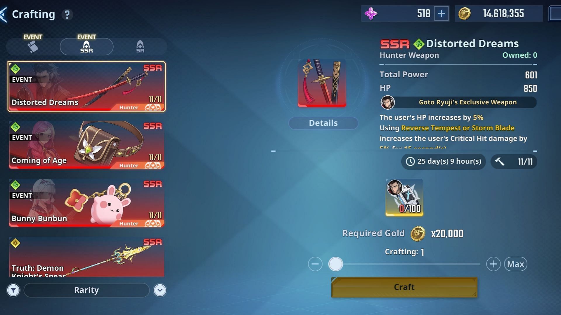 You can craft Goto Ryuji&#039;s wxclusive weapon (Image via Netmarble)