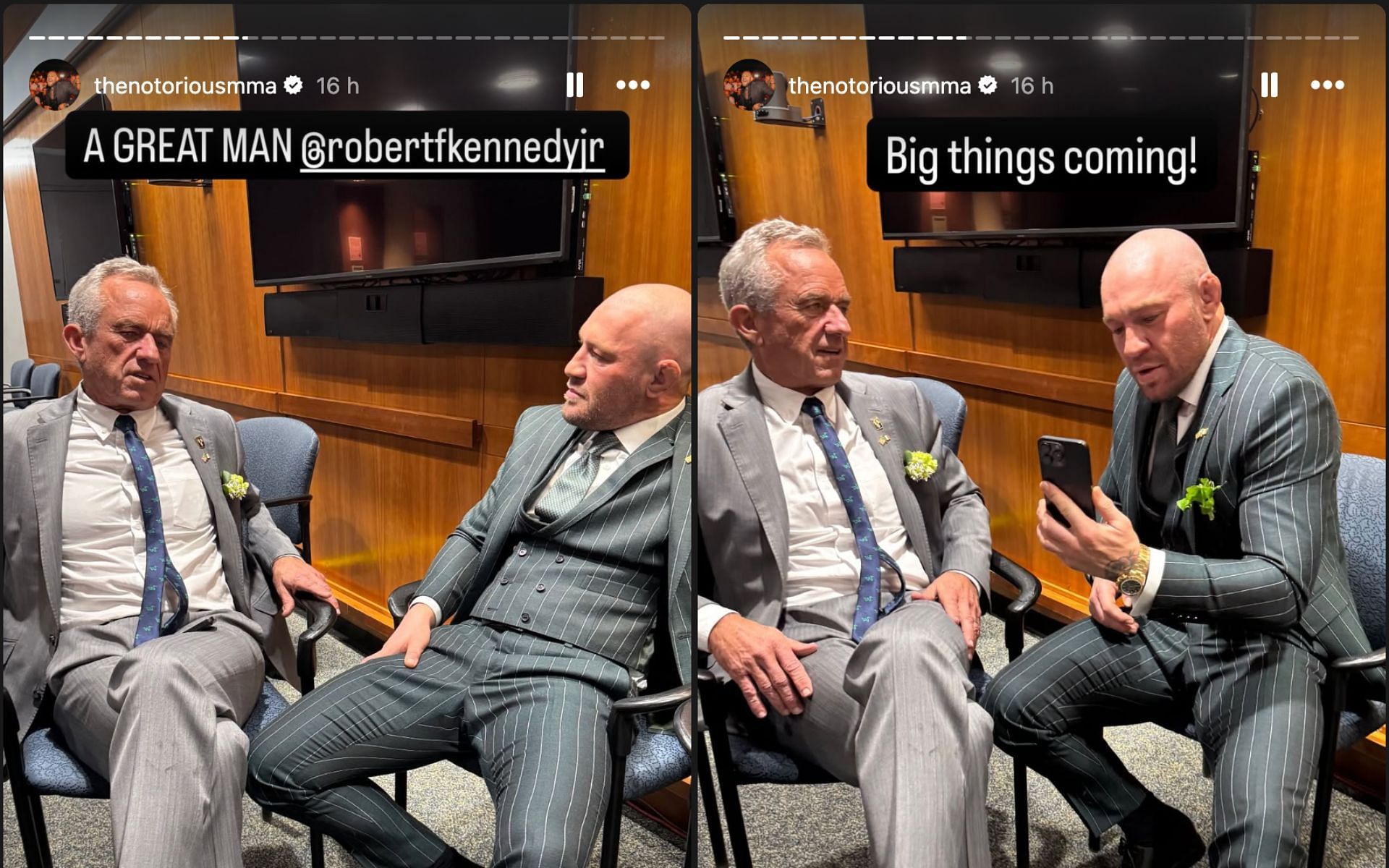 Conor McGregor (right) in conversation with Robert Kennedy Jr (left). [Screenshot courtesy: @thenotoriousmma via. Instagram]