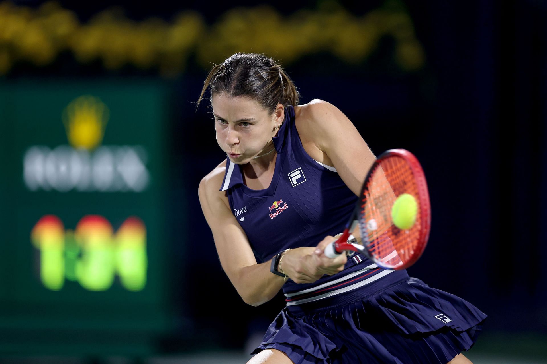 Navarro of the United States plays a backhand against Cirstea of Romania in their third-round match during day four of the Dubai Duty Free Tennis Championships - Source: Getty