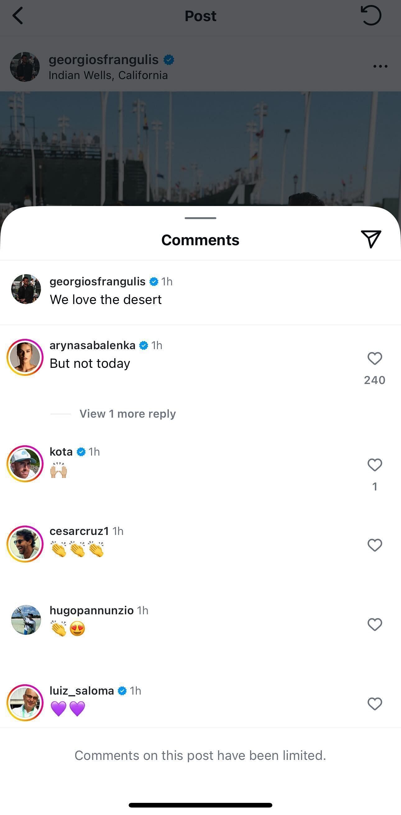 Aryna Sabalenka comments on boyfriend Georgios Frangulis&#039;s post after the Indian Wells Final loss, (Source: Instagram)