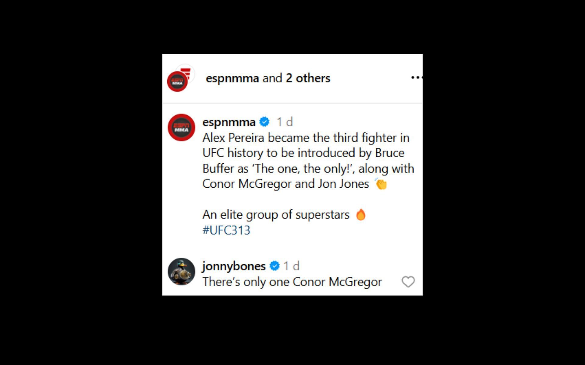 Jon Jones talks about Conor McGregor&#039;s influence in an Alex Pereira post. [Screenshots courtesy: @espnmma on Instagram]