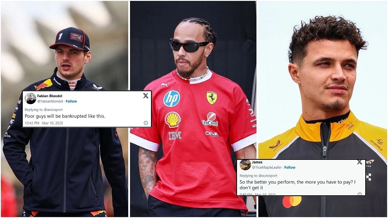 Fans react to drivers including Lewis Hamilton paying large Super License fee for the 2025 F1 season (Images from @FabianBlondel and @TrueMapleLeafer on X and Getty Images)