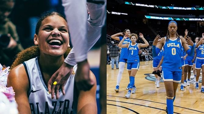 Sierra Canyon hooper Jerzy Robinson hypes up Janiah Barker's fadeaway move as UCLA takes down Ole Miss in Sweet 16