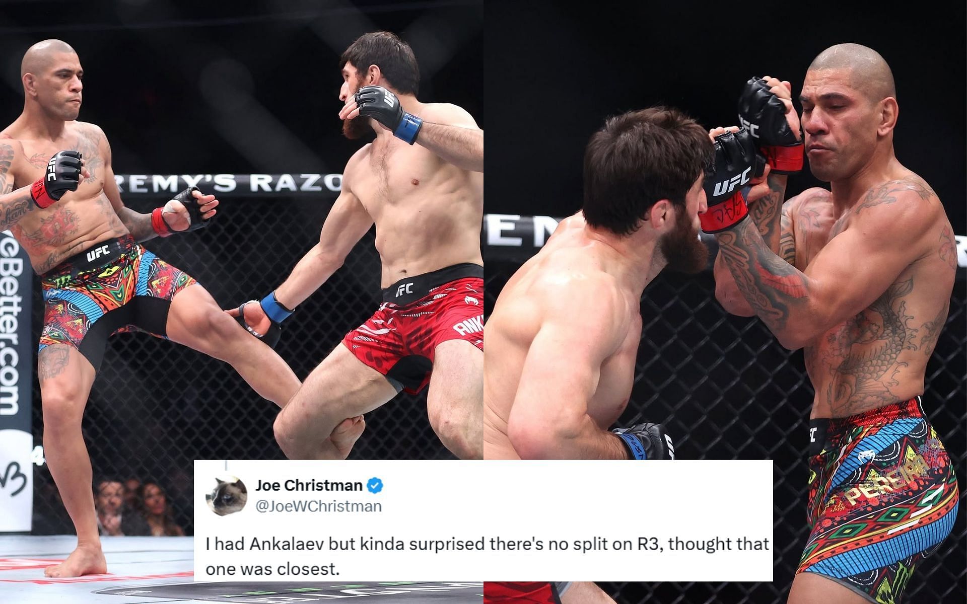 Alex Pereira (printed shorts) vs. Magomed Ankalaev (red shorts) brought the issue of MMA judging on the forefront. [Images courtesy: @ufceurope on Instagram]