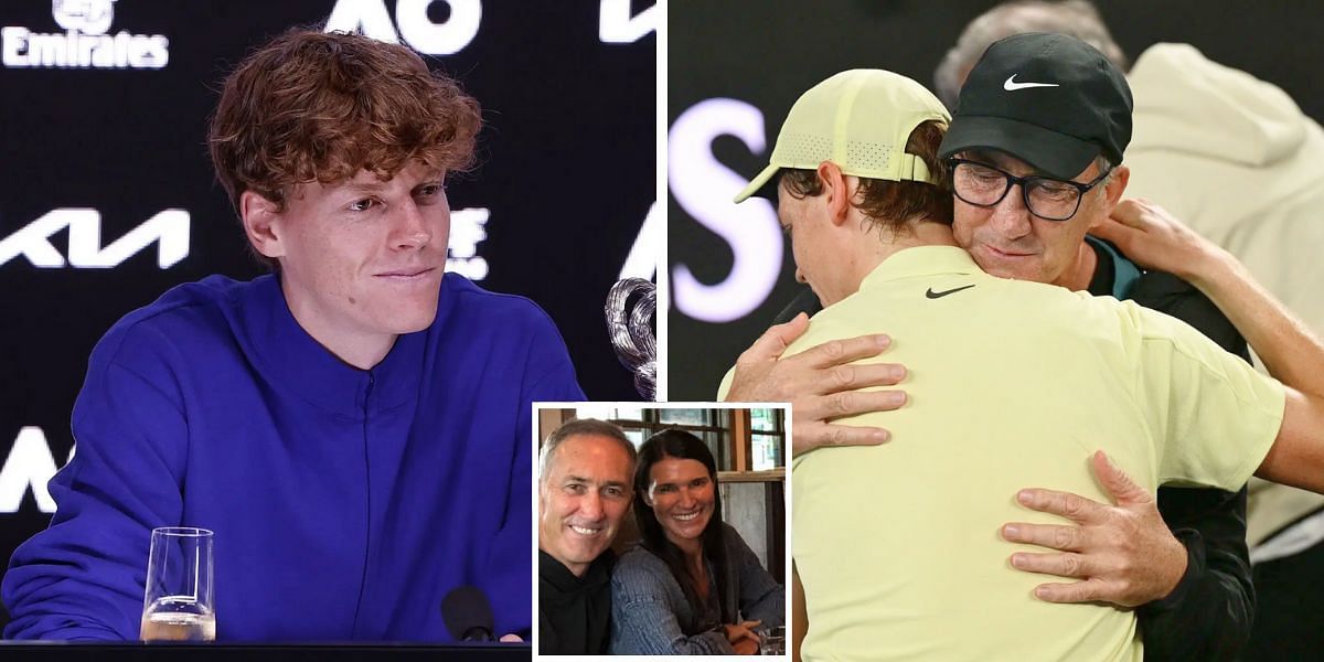 Jannik Sinner (L), coach Darren Cahill (R), Cahill with wife (inset) - Image Source: Getty, Instagram @dc10s