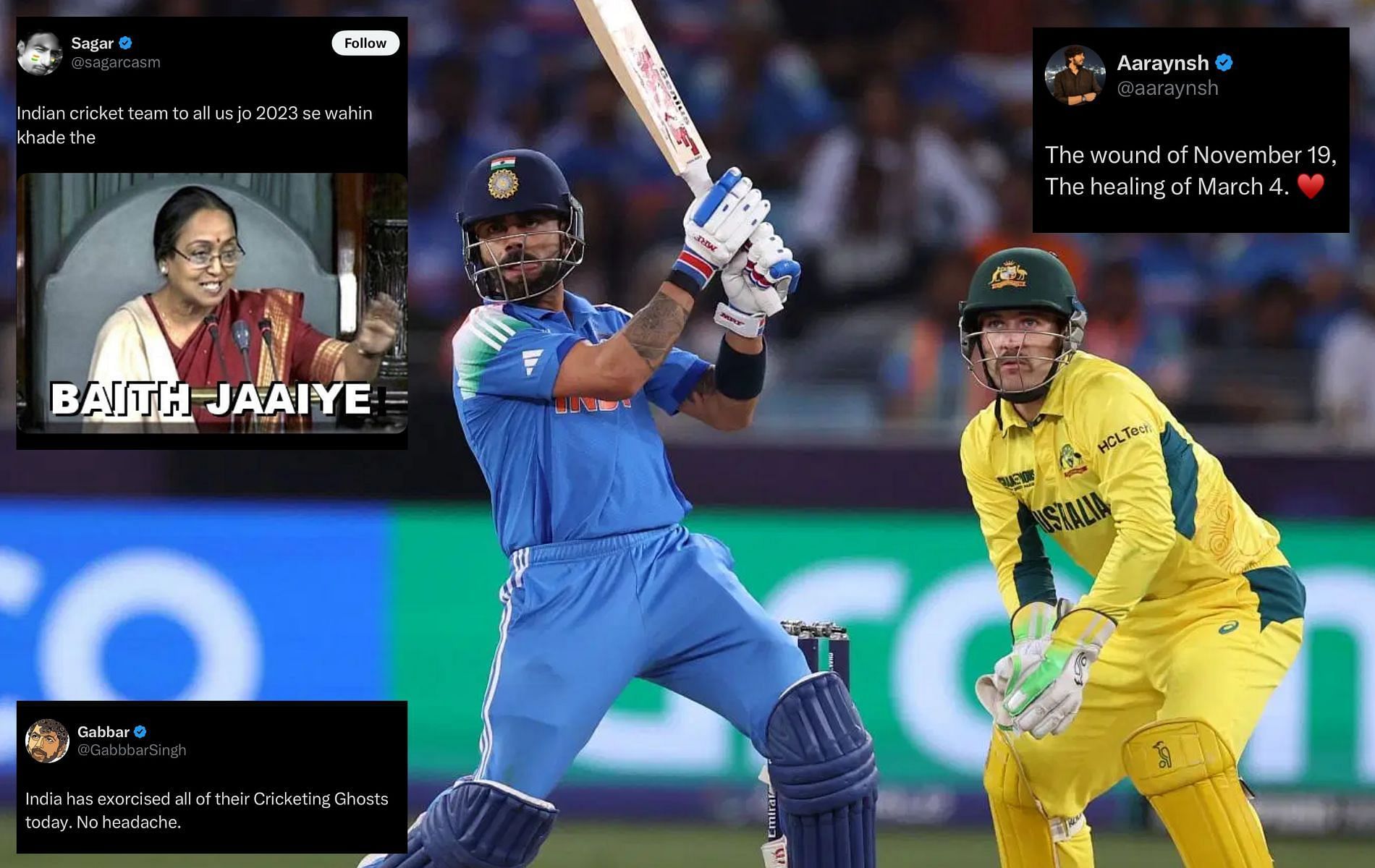 India advanced into the 2025 Champions Trophy final with 4-wicket win over Australia. (Pics: Getty Images/X/@aaraynsh/@sagarcasm/@GabbbarSingh).
