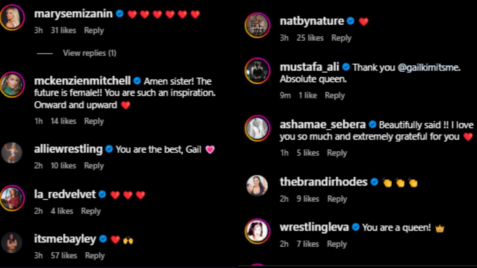 Bayley, Natalya, and others have reacted to the news [Image Credit: Screenshots of reactions on Gail Kim&#039;s Instagram post]